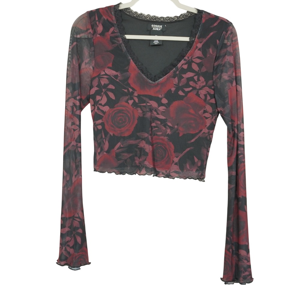 Cosmic Aura Red Rose Floral Mesh Crop Top Lace Trim Bell Sleeve Y2K Gothic Sheer